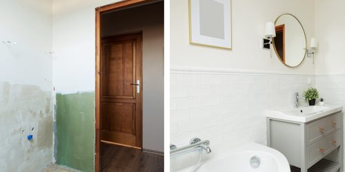 Small,Attic,Bathroom,Before,And,After,Renovation.,White,Bright,Neutral